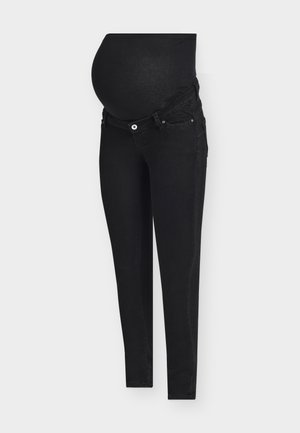 Mustad rasedate teksad fitted disainiga, millel veniv kõhuosa ja nööpkinnitus; sile teksakangas ja klassikaline siluett.