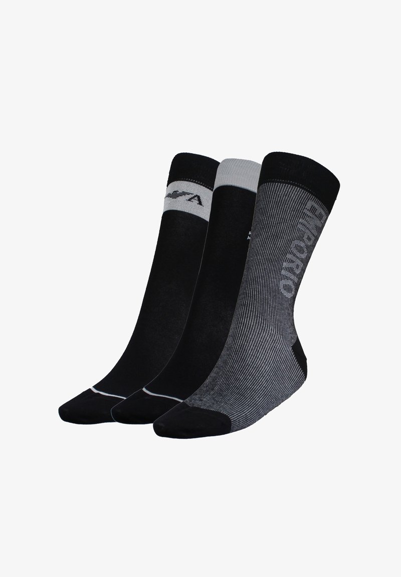 Tres pares de calcetines en negro y gris. Un par es completamente negro, otro tiene acentos en gris claro, y el último presenta rayas negras y grises.