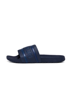 Blue slide sandal with a textured sole, featuring a wide strap and embossed brand name. Made of durable rubber material.