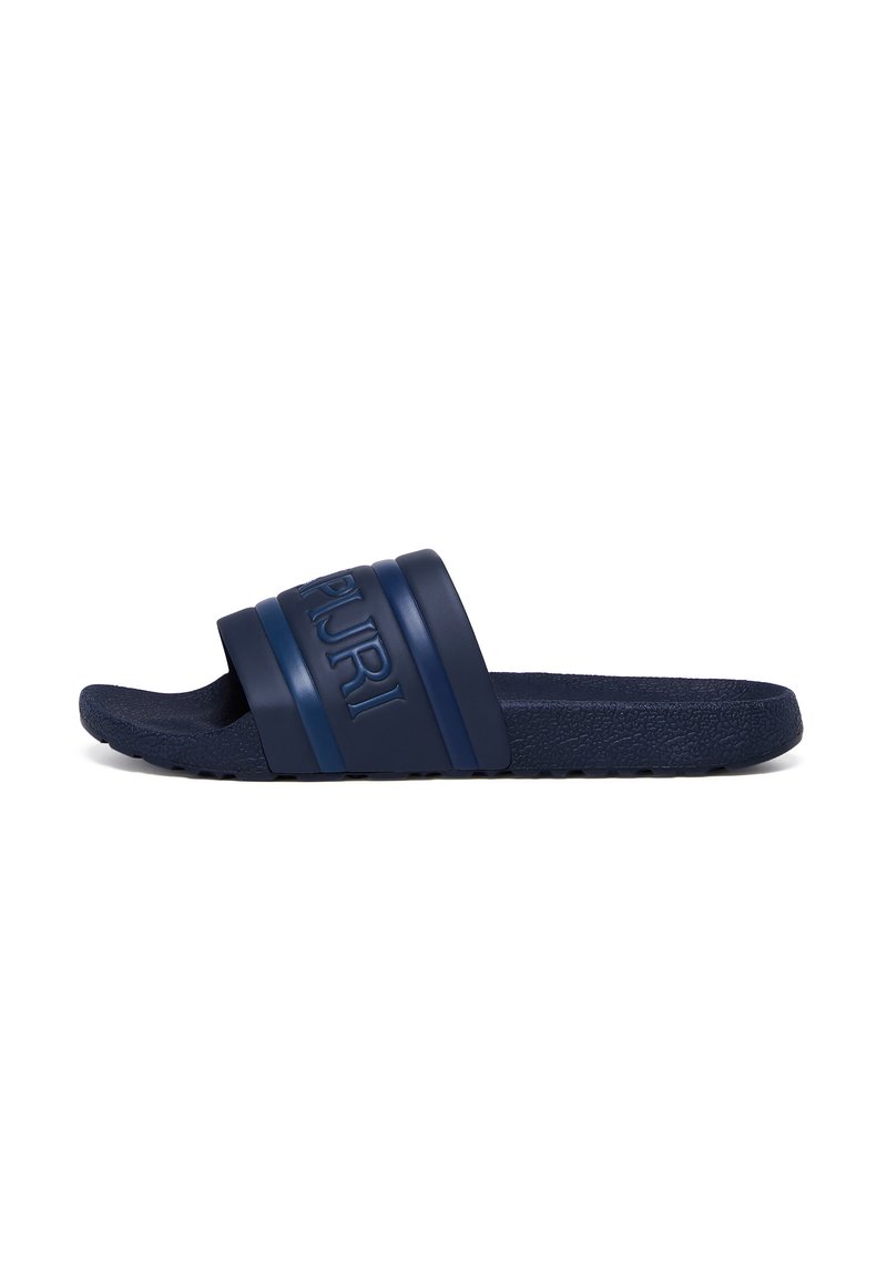 Blue slide sandal with a textured sole, featuring a wide strap and embossed brand name. Made of durable rubber material.