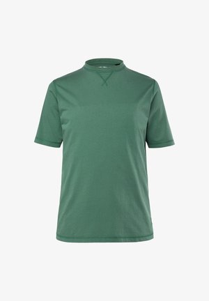 Maglietta verde a maniche corte in morbido cotone, scollo rotondo con motivo a punto croce e orlo dritto. Tessuto semplice e uniforme.