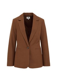 Brown blazer with a notched collar, single button closure, two front pockets, and a smooth, structured fabric finish.