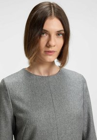 Harmaa villasekoitteen mekko, jossa on pyöreä kaula-aukko ja pitkät hihat. Mekossa on sileä pinta ja siisti, muotoiltu siluetti.