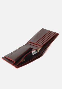 Brown leather wallet with red stitching, multiple card slots, a divided cash section, and an RFID-safe feature.
