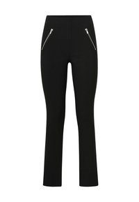 Sorte bukser lavet af fleksibelt stof, med en tætsiddende design, bootcut form og to lynlåslommer foran. Glat tekstur.