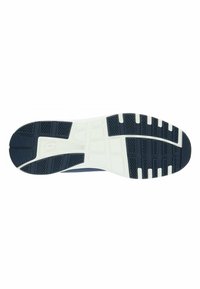 Shoe sole featuring a textured rubber design in navy blue and white, with patterned grips for traction and a structured midsole for support.