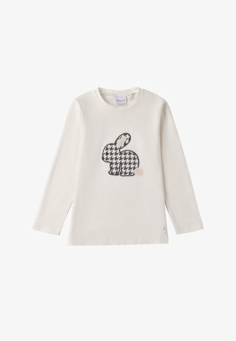 Langärmliges cremfarbiges T-Shirt mit einem Kaninchen-Design im schwarz-weißen Hahnentrittmuster, mit einem beigefarbenen Akzent am Schwanz des Kaninchens.