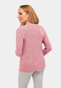Hellrosa Pullover mit strukturiertem, gestricktem Muster. Lange Ärmel und ein runder Halsausschnitt, mit gerippten Bündchen und Saum, von hinten gezeigt.