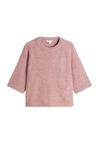 Roza pletena jopica z okroglim izrezom, kratkimi raglan rokavi in sproščenim krojem. Mehka tekstura s subtilnim heathered vzorcem.