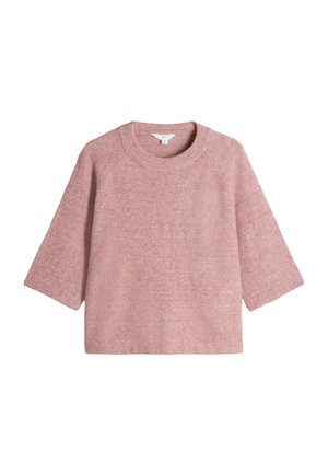 Rosa Strickpullover mit rundem Halsausschnitt, kurzen Raglanärmeln und lässiger Passform. Weiche Textur mit einem subtilen melierten Muster.