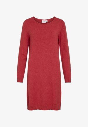 Abito a maglia a maniche lunghe di colore rosso uniforme, realizzato in tessuto knit morbido, con scollatura rotonda e polsini e orlo a coste.