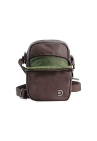 Borsa a tracolla in pelle marrone con un interno a motivo verde, chiusura con zip e tracolla regolabile con dettagli in argento.
