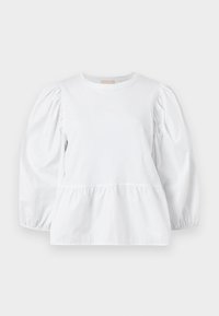 White blouse with a round neckline, puffed long sleeves, and a tiered ruffle hem. Made of smooth fabric with no visible patterns or hardware.