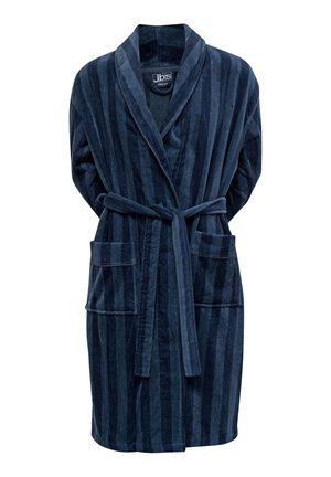 Navyblauer, gestreifter Bademantel aus weichem, strukturiertem Stoff. Verfügt über einen Schalkragen, einen gebundenen Bund und zwei Vorderaschen. Entworfen für Komfort.