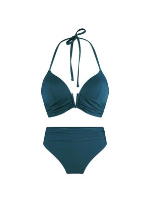 Tyrkysový bikiny set so zaväzovacím topom s riasením a krčným viazaním, doplnený vysokými spodnými dielmi, vyrobený z hladkej tkaniny.