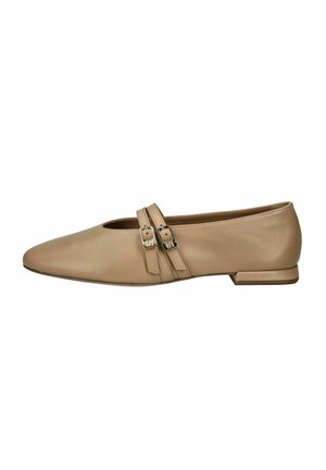 Flat shoe in light beige leather with a pointed toe, featuring two decorative straps with rectangular buckles. Small heel detail visible.