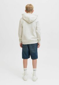 Hellgrauer Kapuzenpulli mit großer Kapuze, blaue Jeansshorts, weiße Turnschuhe und weiße Socken, von hinten auf einem schlichten Hintergrund betrachtet.