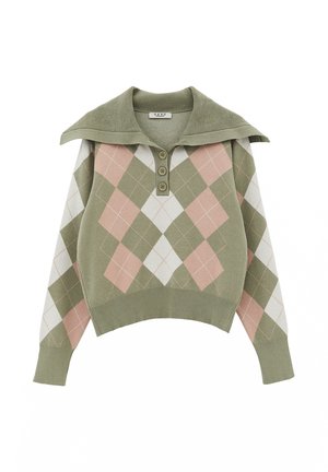 Groen en roze sweater met ruitpatroon, brede kraag, drie knopen en geribbelde boorden en zoom. Zachte gebreide stof met een cropped pasvorm.