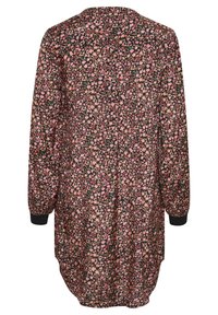 Bloemige jurk in zwart met roze en crèmekleurige bloemen, lange mouwen, ronde halslijn en elastische manchetten. Lichtgewicht, vloeiende stof, tot halverwege de dij.