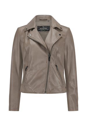 Graue Motorradlederjacke mit Reverskragen, asymmetrischem Frontreißverschluss, zwei Seitentaschen und schlankem, taillierten Design.