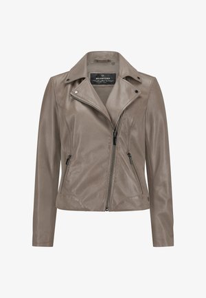 Graue Motorradlederjacke mit Reverskragen, asymmetrischem Frontreißverschluss, zwei Seitentaschen und schlankem, taillierten Design.