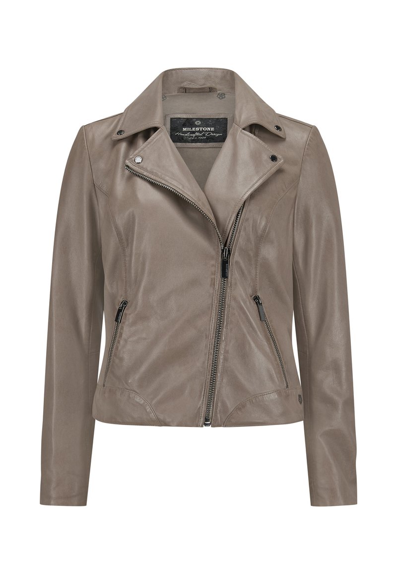 Graue Motorradlederjacke mit Reverskragen, asymmetrischem Frontreißverschluss, zwei Seitentaschen und schlankem, taillierten Design.