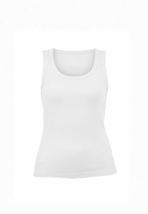 Weißes geripptes Tanktop mit Rundhalsausschnitt, figurbetonter Passform und breiten Trägern. Glatte Struktur, keine sichtbaren Muster oder Akzente.