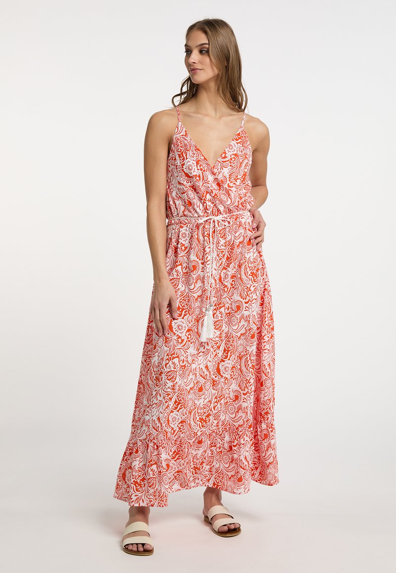 Rochie maxi cu un model floral portocalie și albă, dintr-un material ușor, decolteu adânc în V, bretele ajustabile, talie strânsă cu un cordon, hem ruffled.