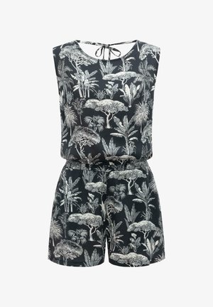 Tuta nera senza maniche con stampa bianca di alberi e piante tropicali, scollo rotondo, vita elasticizzata e chiusura a nodo sul retro del collo.