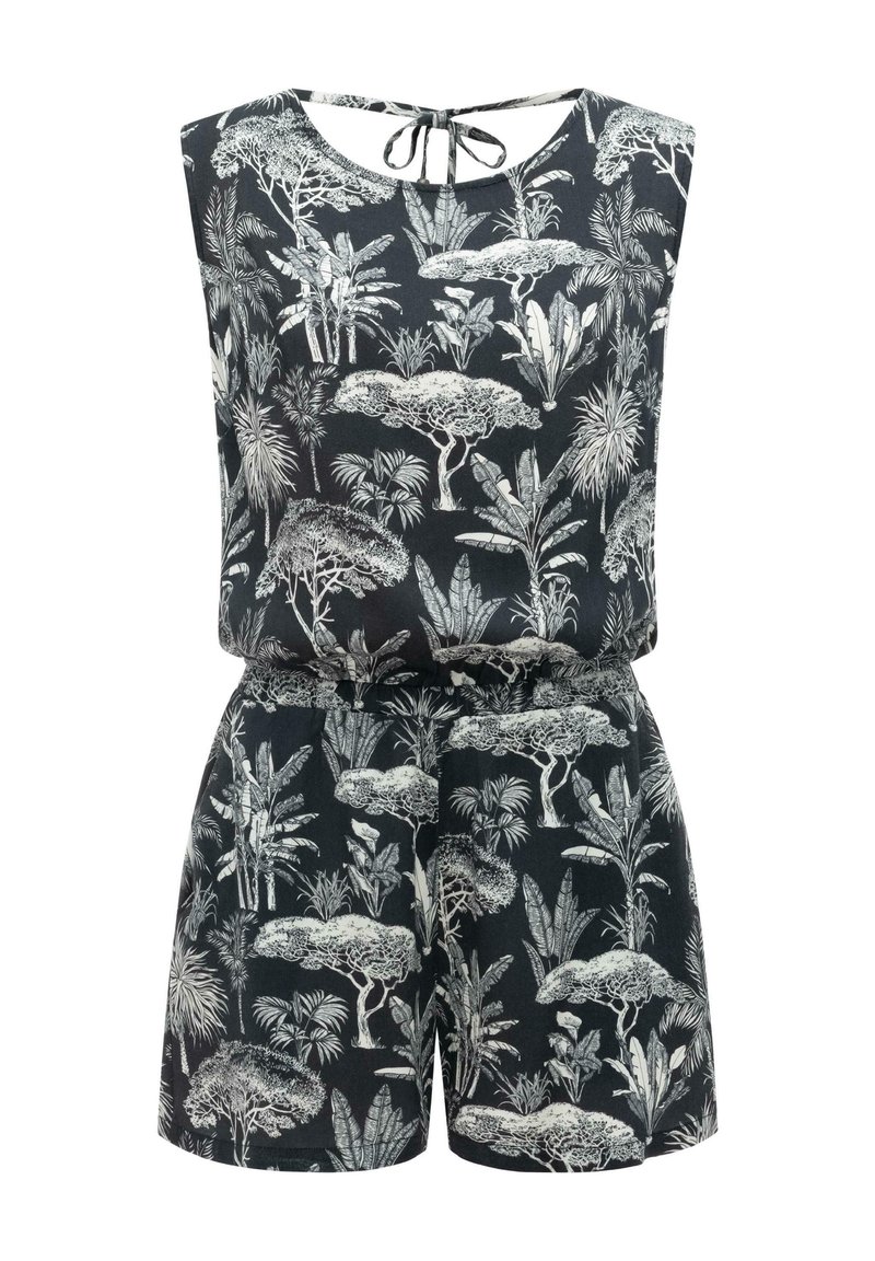 Schwarzer ärmelloser Overall mit weißem tropischem Baum- und Pflanzenmuster, rundem Ausschnitt, elastischer Taille und Binderverschluss am Nacken.