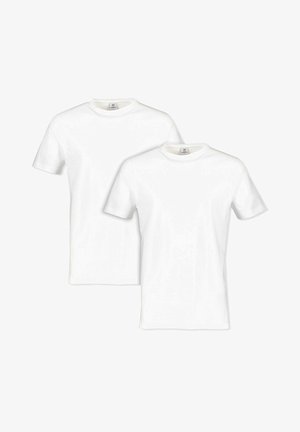 Witte katoenen T-shirts met korte mouwen en ronde hals. Twee identieke shirts gestapeld, met een klassiek ontwerp en een gladde textuur.