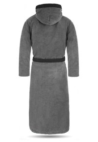 Grauer Kapuzenmantel aus weichem, plüschigem Stoff. Verfügt über lange Ärmel, eine taillierte Taille und eine strukturierte Oberfläche mit einem schwarzen Akzent an der Kapuze.