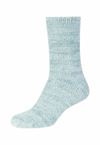 Calza a maglia azzurro chiaro con una superficie strutturata, dotata di un bordo a coste e una punta liscia. Progettata per comfort e calore.