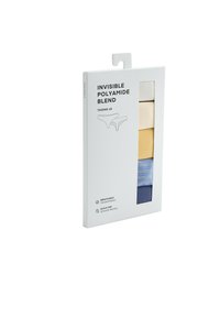 Lot de cinq strings invisibles en mélange de polyamide avec des caractéristiques respirantes et à séchage rapide, présentés en blanc, beige, jaune, rayé et bleu.