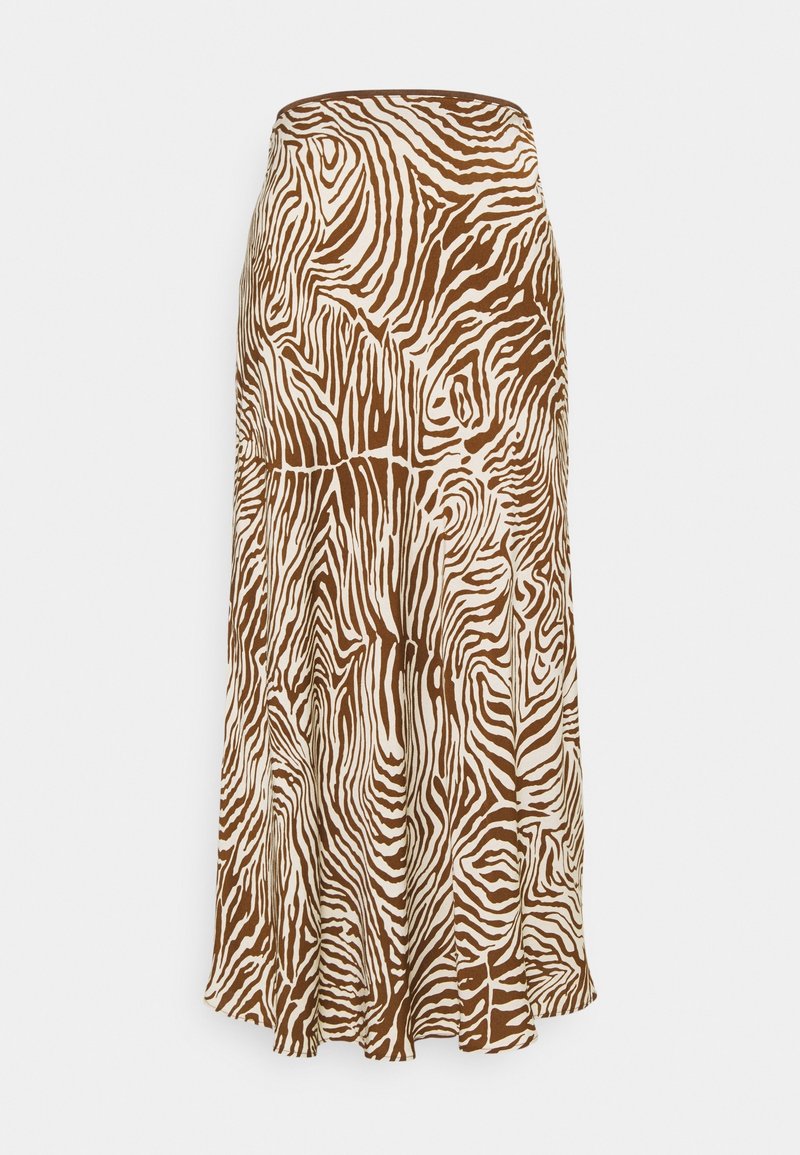 Jupe midi imprimé zèbre brun et blanc avec une silhouette fluide en forme de A et une taille lisse, présentée sur un fond uni.