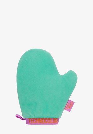 Turquoise soft fabric oven mitt with purple elastic wristband labeled "TECHNOCOLOR" and small pink tag on white background.