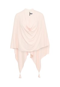 Miękki różowy poncho z udrapowanym przodem, wydłużonymi bokami i dwoma frędzlami na dolnym brzegu. Wykonane z lekkiego, teksturowanego materiału.