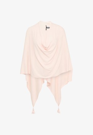 Poncho rosa morbido con davanti drappeggiato, lati allungati e due nappine sull'orlo. Realizzato in tessuto leggero e testurizzato.