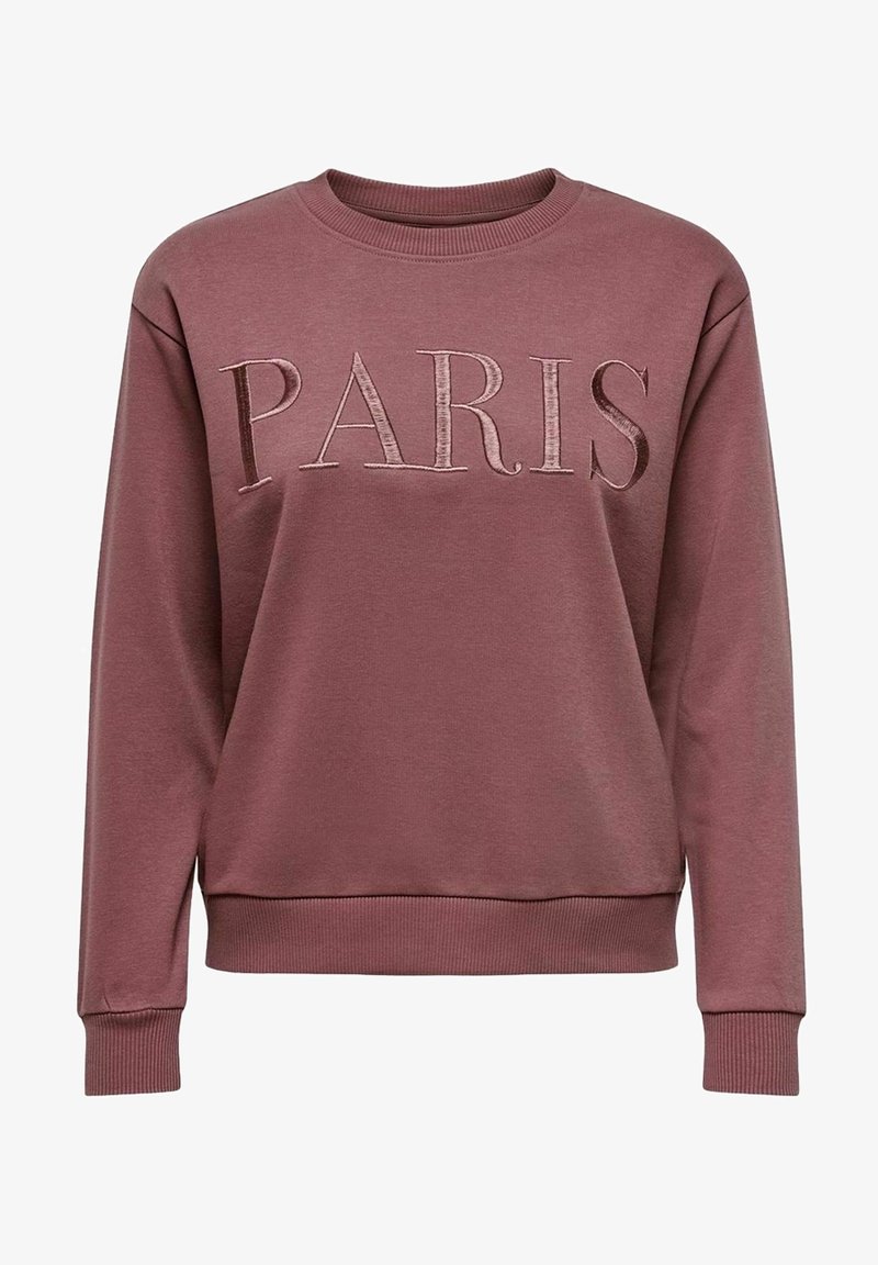 Sweat-shirt mauve à manches longues avec poignets et ourlet côtelés, avec broderie en relief du mot "PARIS" sur la poitrine.
