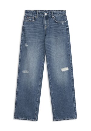 Niebieskie jeansy z denimu o luźnym kroju, z wyblakłymi partiami i trzema przetartymi łatami na przednich nogawkach.