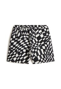Sorte badeshorts med et geometrisk hvidt mønster, elastik i taljen med snøre og en lomme bagpå. Letvægts tekstureret stof.