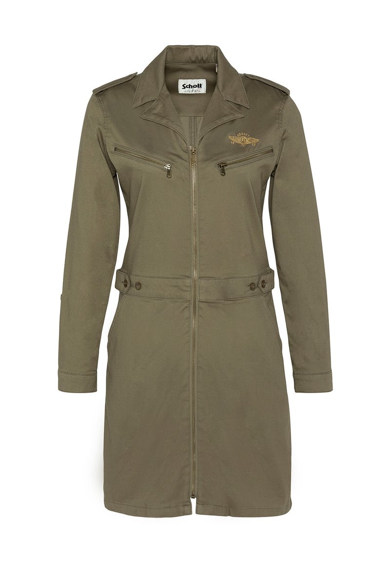 Trench-coat léger vert olive avec une fermeture éclair à l'avant, deux poches poitrine, épaulettes et une taille ceinturée.