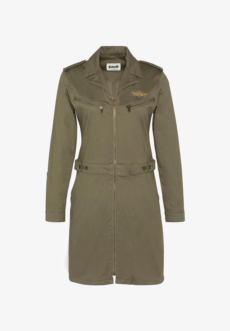Trench-coat léger vert olive avec une fermeture éclair à l'avant, deux poches poitrine, épaulettes et une taille ceinturée.