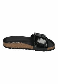 Black patent leather slide sandal with a square buckle accent. Features a cushioned cork footbed and textured rubber sole.