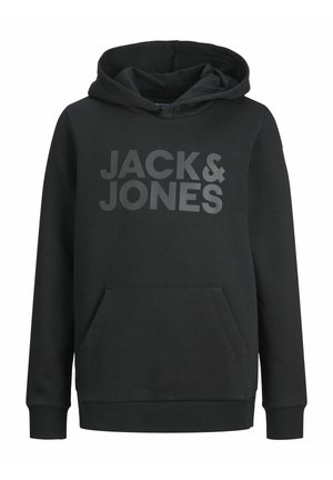Melns kapucis džemperis, kas izgatavots no kokvilnas maisījuma auduma, ar lielu priekšējo kabatu un "JACK & JONES" logo tumši pelēkā krāsā krūšu rajonā.