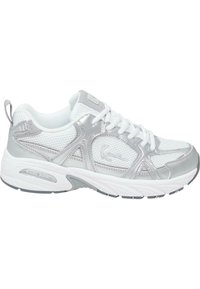 White and silver athletic shoe with mesh upper, lace closure, reinforced stitching, and padded collar. Features a textured sole for grip.