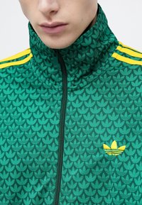 Πράσινο μπουφάν με φερμουάρ και ψηλό γιακά, διακοσμημένο με επαναλαμβανόμενο σχέδιο φύλλων, κίτρινες ρίγες στους ώμους και μικρό κίτρινο λογότυπο στο στήθος.