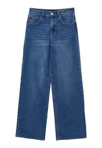 Jeans in denim blu a gamba larga con vita alta, cinque tasche e chiusura a bottone classica, realizzati in robusto tessuto di cotone.