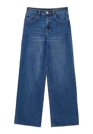Weite blaue Jeans aus Denim mit einer hohen Taille, fünf Taschen und einem klassischen Knopfverschluss, gefertigt aus robustem Baumwollstoff.