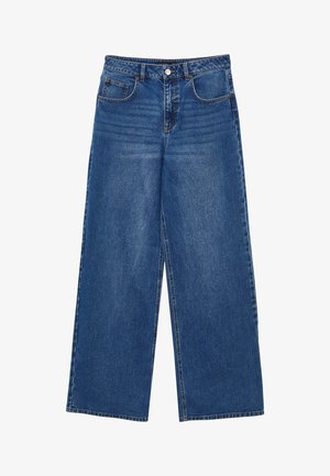 Jeans in denim blu a gamba larga con vita alta, cinque tasche e chiusura a bottone classica, realizzati in robusto tessuto di cotone.
